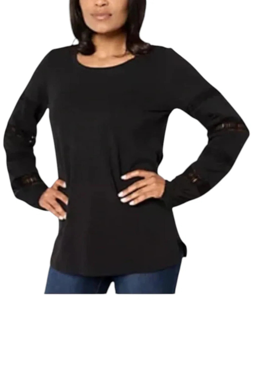 Belle Boho by Kim Gravel Women's Slub Top w/ Lace Trim Slv Black - Regular